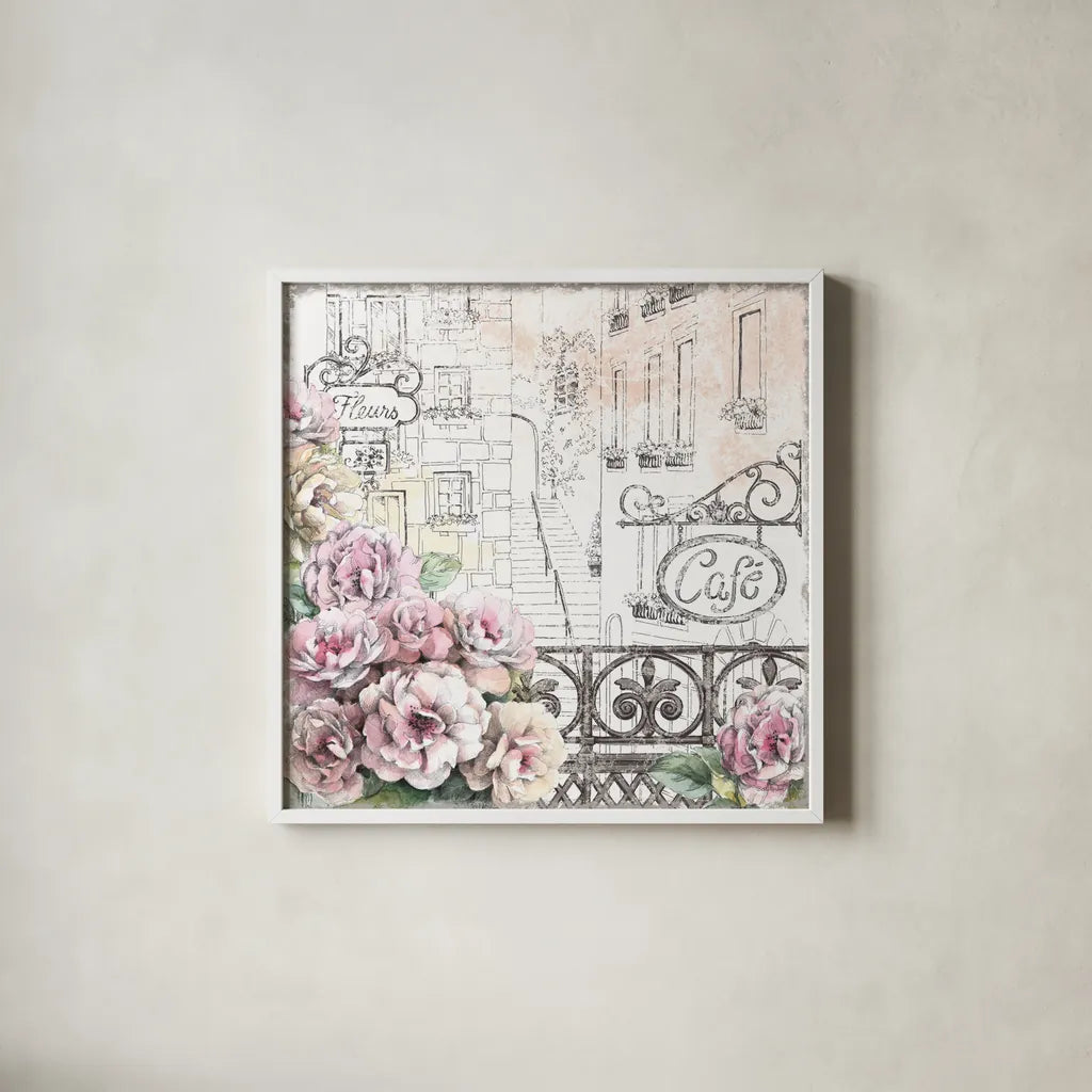 Paris Roses I by Beth Grove. Shown in a crisp white glass frame for a clean and minimalist style. Available as an archival giclee rolled canvas, fine art paper, or poster print. SKU 22321a.