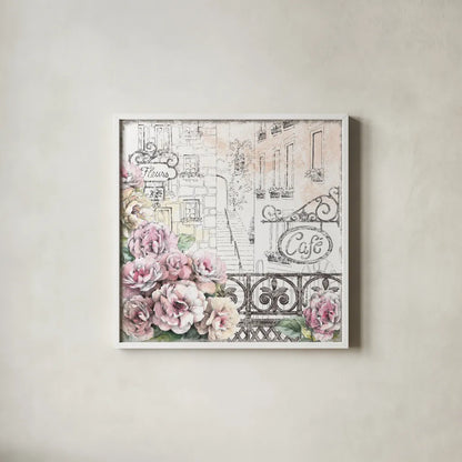 Paris Roses I by Beth Grove. Shown in a crisp white glass frame for a clean and minimalist style. Available as an archival giclee rolled canvas, fine art paper, or poster print. SKU 22321a.