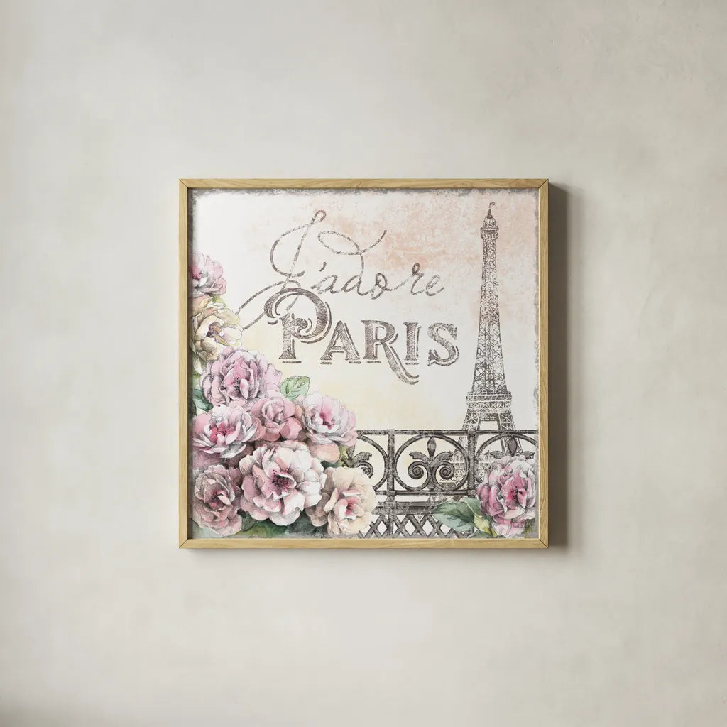 Paris Roses III by Beth Grove. Shown in a natural wood glass frame for a timeless modern aesthetic. Available as an archival giclee rolled canvas, fine art paper, or poster print. SKU 22323a.