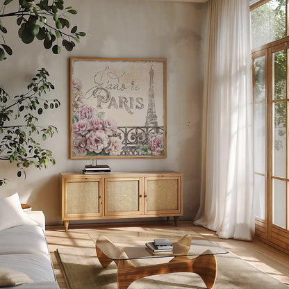 Paris Roses III by Beth Grove. Shown in a natural wood frame in a cozy modern living room. Available as an archival giclee rolled canvas, fine art paper, or poster print. SKU 22323a.