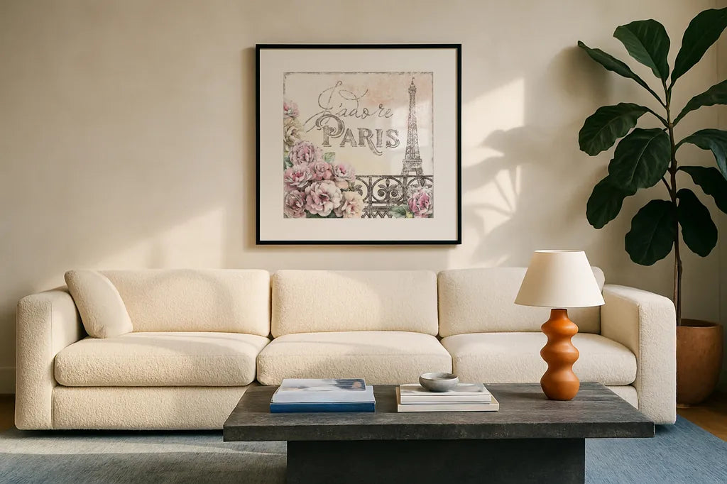 Paris Roses III by Beth Grove. Displayed in a glass frame with matte in a clean modern living room. Available as an archival giclee rolled canvas, fine art paper, or poster print. SKU 22323a.