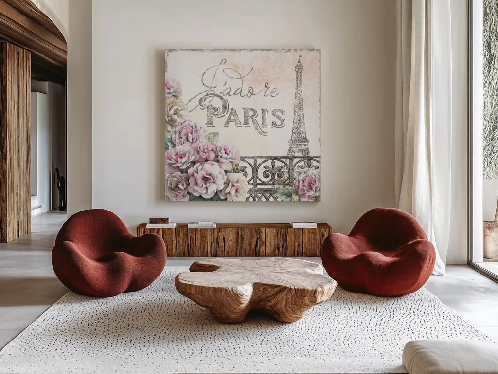 Paris Roses III by Beth Grove. Shown as extra-large giant wall art in a modern living room. Available as an archival giclee rolled canvas, fine art paper, or poster print. SKU 22323a.