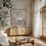 Paris Roses V by Beth Grove. Shown in a natural wood frame in a cozy modern living room. Available as an archival giclee rolled canvas, fine art paper, or poster print. SKU 22913a.