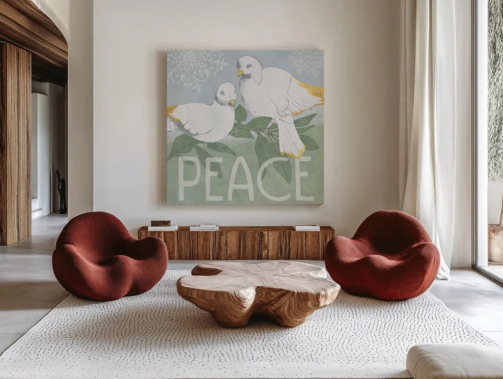 Pastel Christmas II by Beth Grove. Shown as extra-large giant wall art in a modern living room. Available as an archival giclee rolled canvas, fine art paper, or poster print. SKU 31047a.
