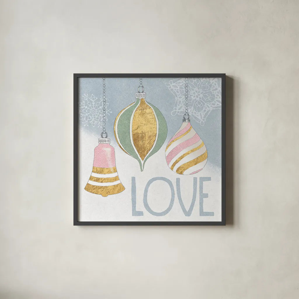 Pastel Christmas III by Beth Grove. Shown in a sleek black glass frame for a contemporary gallery look. Available as an archival giclee rolled canvas, fine art paper, or poster print. SKU 31048a.