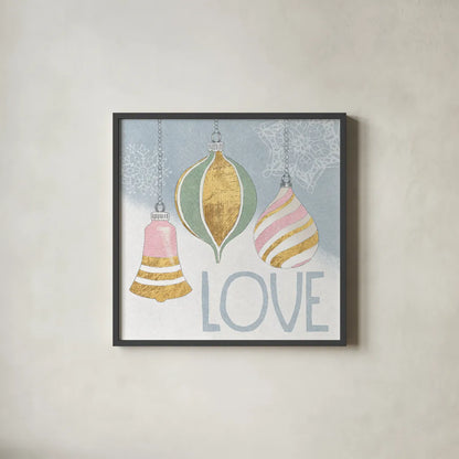 Pastel Christmas III by Beth Grove. Shown in a sleek black glass frame for a contemporary gallery look. Available as an archival giclee rolled canvas, fine art paper, or poster print. SKU 31048a.
