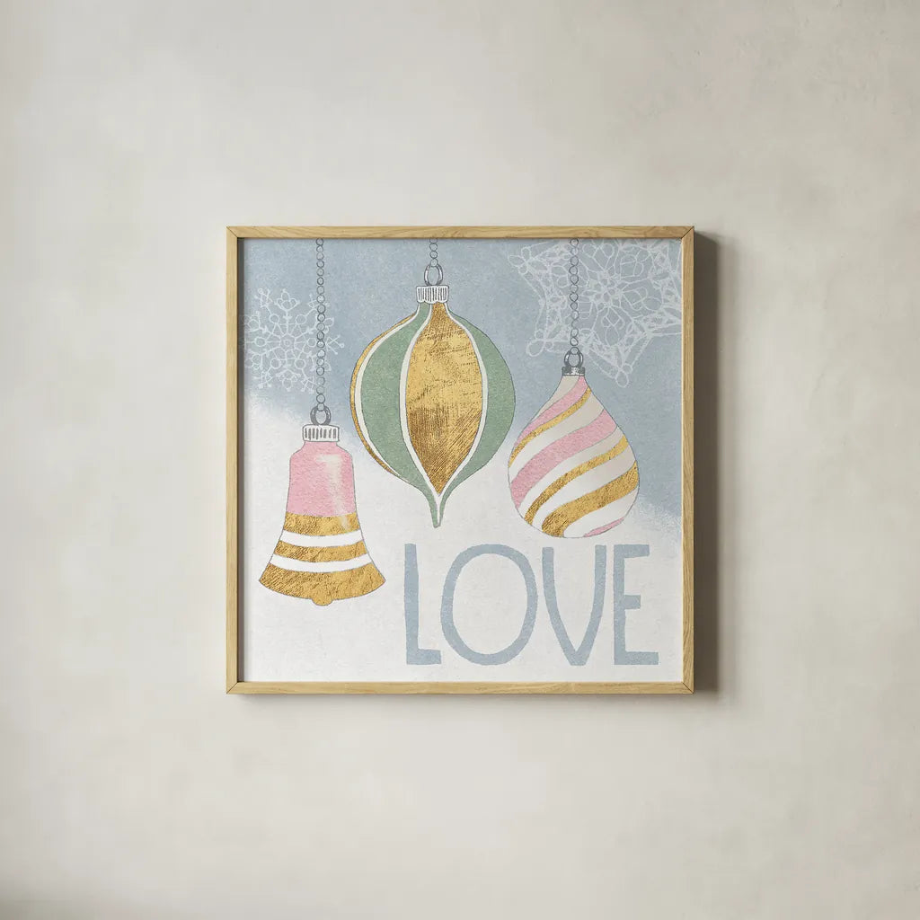 Pastel Christmas III by Beth Grove. Shown in a natural wood glass frame for a timeless modern aesthetic. Available as an archival giclee rolled canvas, fine art paper, or poster print. SKU 31048a.