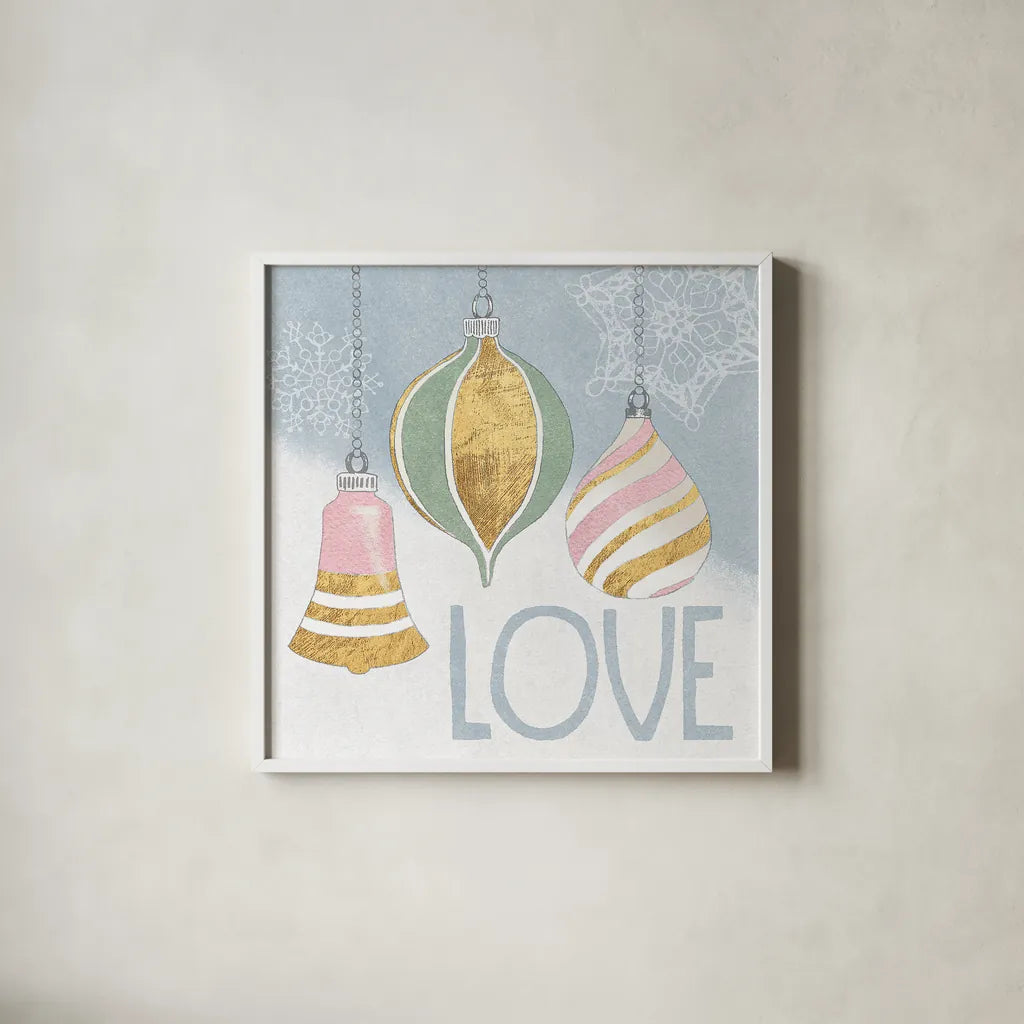 Pastel Christmas III by Beth Grove. Shown in a crisp white glass frame for a clean and minimalist style. Available as an archival giclee rolled canvas, fine art paper, or poster print. SKU 31048a.