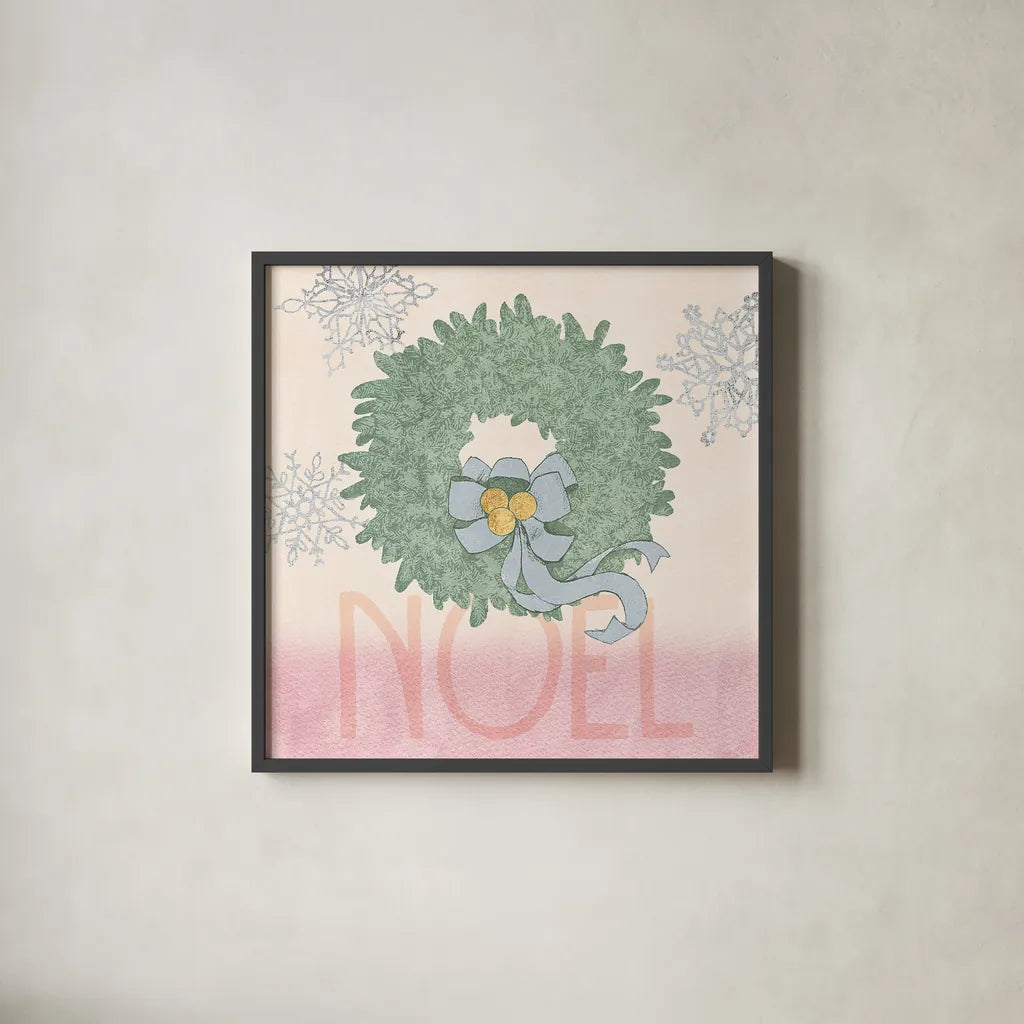 Pastel Christmas IV by Beth Grove. Shown in a sleek black glass frame for a contemporary gallery look. Available as an archival giclee rolled canvas, fine art paper, or poster print. SKU 31049a.