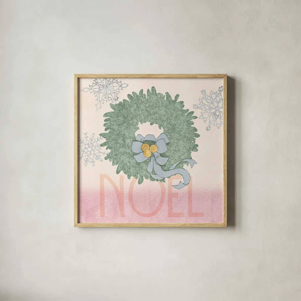 Pastel Christmas IV by Beth Grove. Shown in a natural wood glass frame for a timeless modern aesthetic. Available as an archival giclee rolled canvas, fine art paper, or poster print. SKU 31049a.