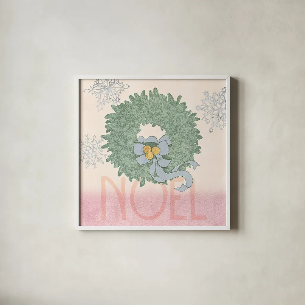 Pastel Christmas IV by Beth Grove. Shown in a crisp white glass frame for a clean and minimalist style. Available as an archival giclee rolled canvas, fine art paper, or poster print. SKU 31049a.