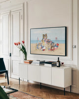 Patriotic Paws I by Beth Grove. shown as a framed stretched canvas in a living room above a console. Available as a archival giclee rolled canvas, fine art paper, or poster print. SKU 74220i.
