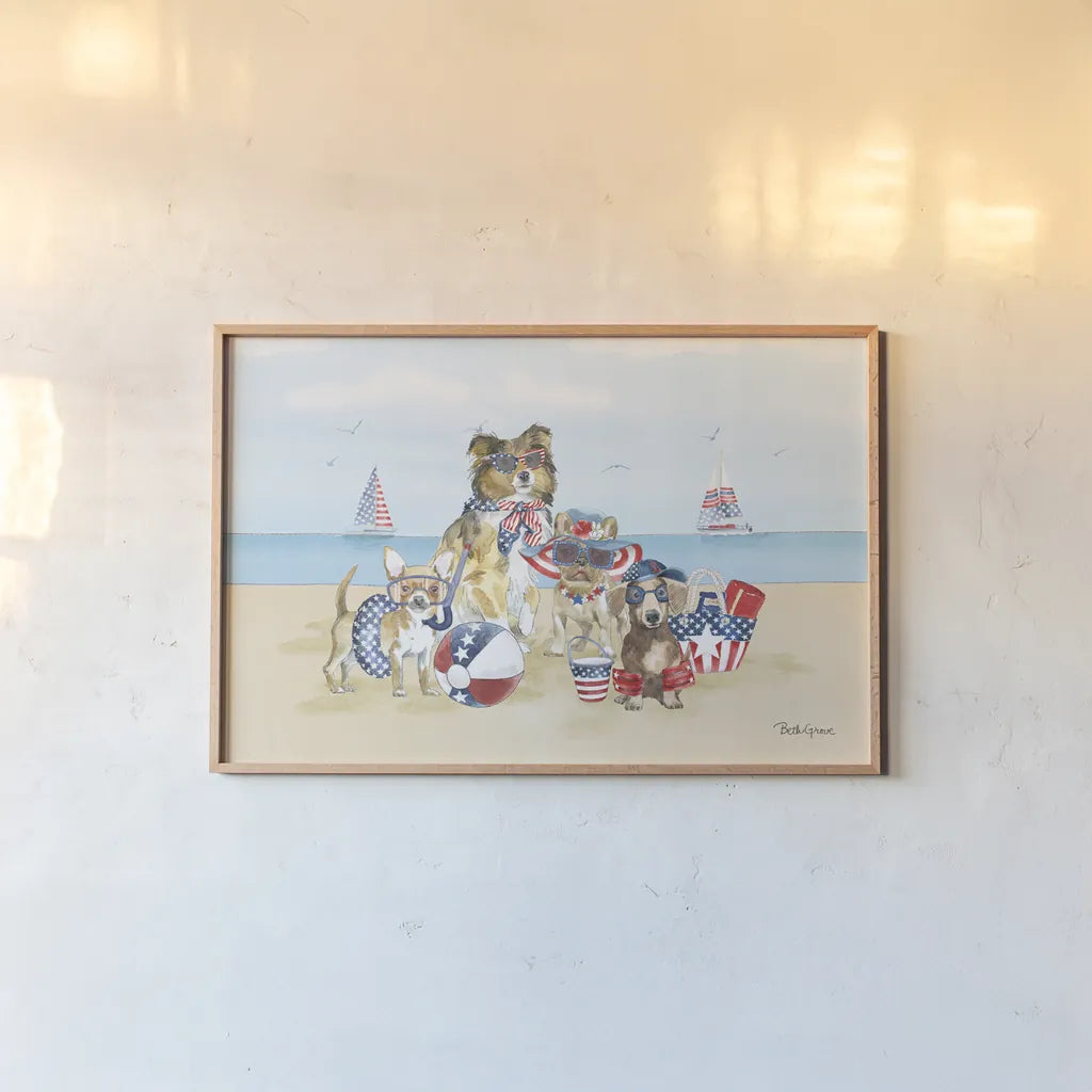 Patriotic Paws I by Beth Grove. shown as a paper print in a natural frame. Available as a archival giclee rolled canvas, fine art paper, or poster print. SKU 74220i.