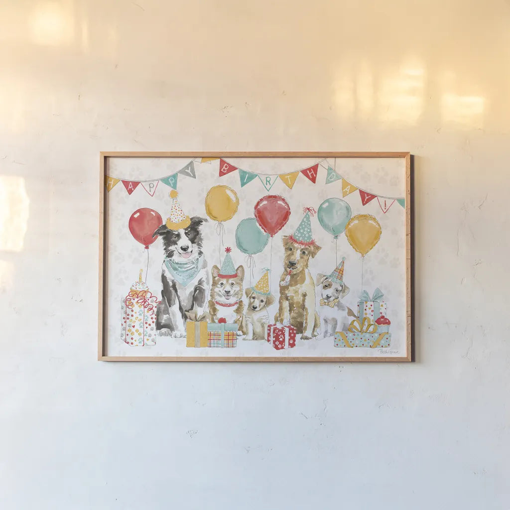 Paws of Love I Birthday by Beth Grove. shown as a paper print in a natural frame. Available as a archival giclee rolled canvas, fine art paper, or poster print. SKU 87358i.