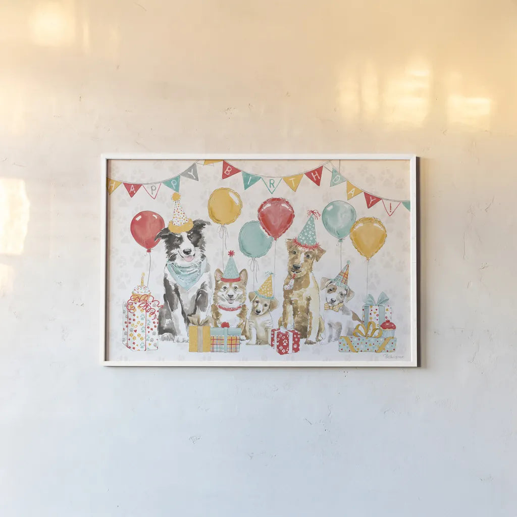 Paws of Love I Birthday by Beth Grove. shown as a paper print in a white frame. Available as a archival giclee rolled canvas, fine art paper, or poster print. SKU 87358i.