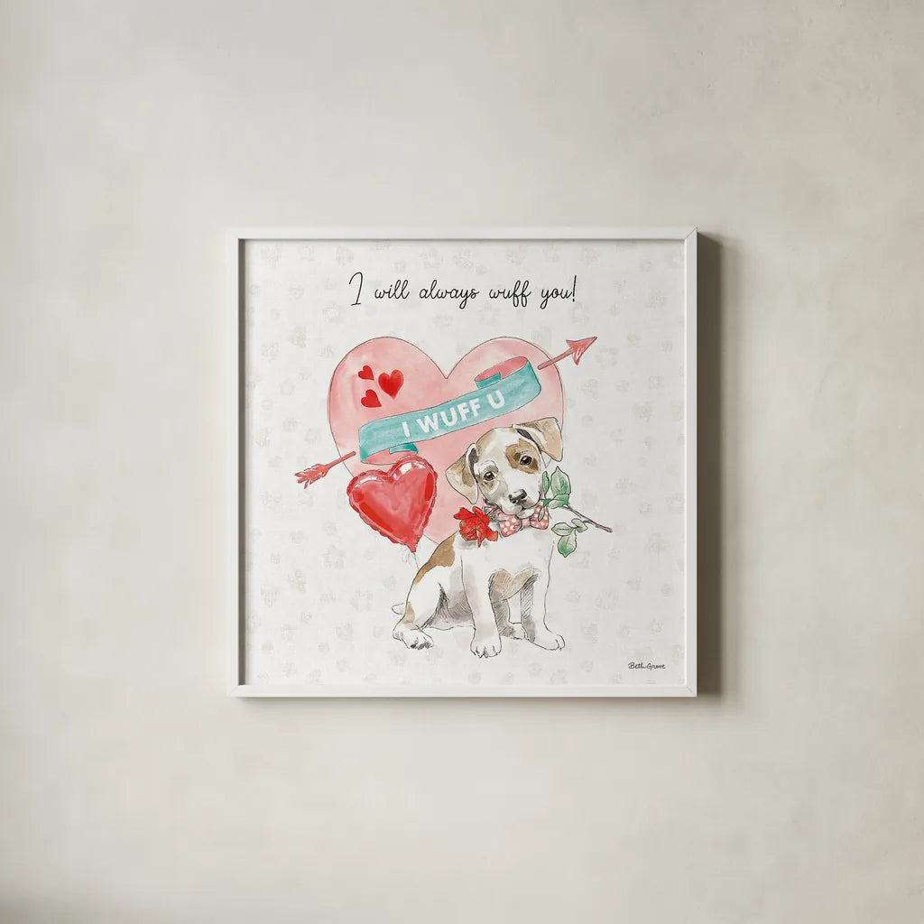 Paws of Love II by Beth Grove. Shown in a crisp white glass frame for a clean and minimalist style. Available as an archival giclee rolled canvas, fine art paper, or poster print. SKU 53510a.