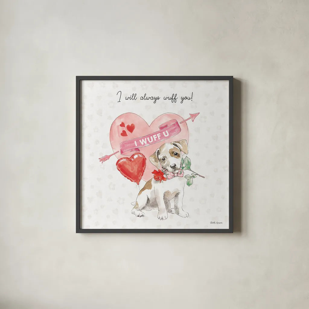 Paws of Love II Pink by Beth Grove. Shown in a sleek black glass frame for a contemporary gallery look. Available as an archival giclee rolled canvas, fine art paper, or poster print. SKU 56385a.