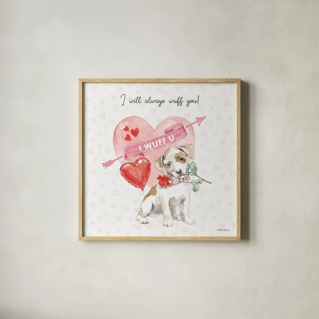 Paws of Love II Pink by Beth Grove. Shown in a natural wood glass frame for a timeless modern aesthetic. Available as an archival giclee rolled canvas, fine art paper, or poster print. SKU 56385a.
