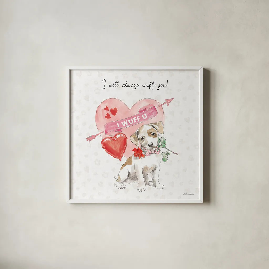 Paws of Love II Pink by Beth Grove. Shown in a crisp white glass frame for a clean and minimalist style. Available as an archival giclee rolled canvas, fine art paper, or poster print. SKU 56385a.