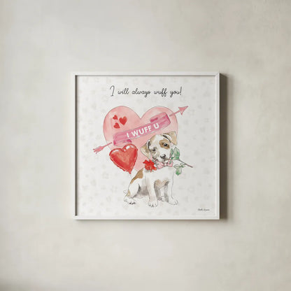 Paws of Love II Pink by Beth Grove. Shown in a crisp white glass frame for a clean and minimalist style. Available as an archival giclee rolled canvas, fine art paper, or poster print. SKU 56385a.