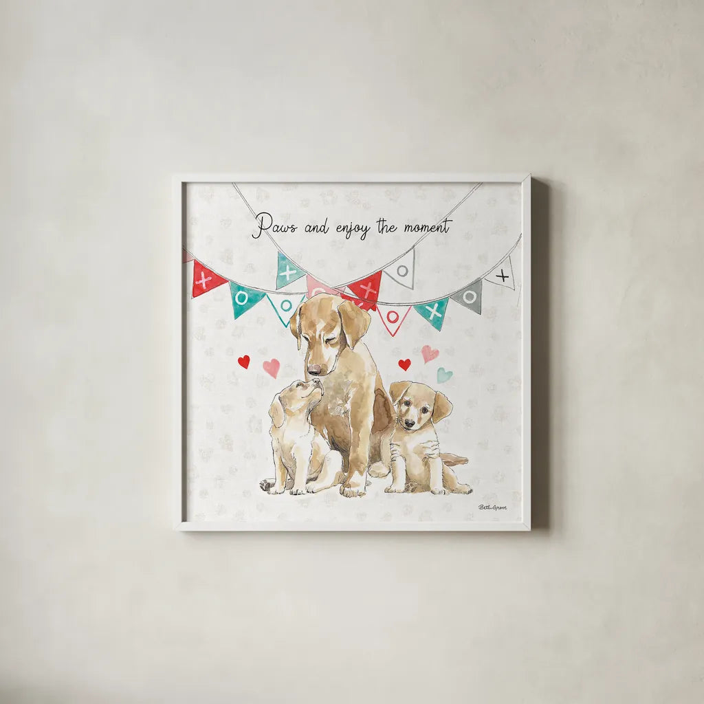 Paws of Love III by Beth Grove. Shown in a crisp white glass frame for a clean and minimalist style. Available as an archival giclee rolled canvas, fine art paper, or poster print. SKU 53511a.