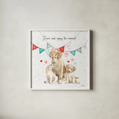 Paws of Love III by Beth Grove. Shown in a crisp white glass frame for a clean and minimalist style. Available as an archival giclee rolled canvas, fine art paper, or poster print. SKU 53511a.