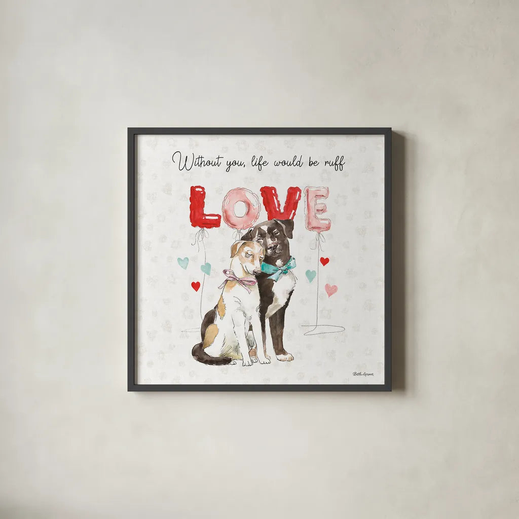 Paws of Love IV by Beth Grove. Shown in a sleek black glass frame for a contemporary gallery look. Available as an archival giclee rolled canvas, fine art paper, or poster print. SKU 53512a.