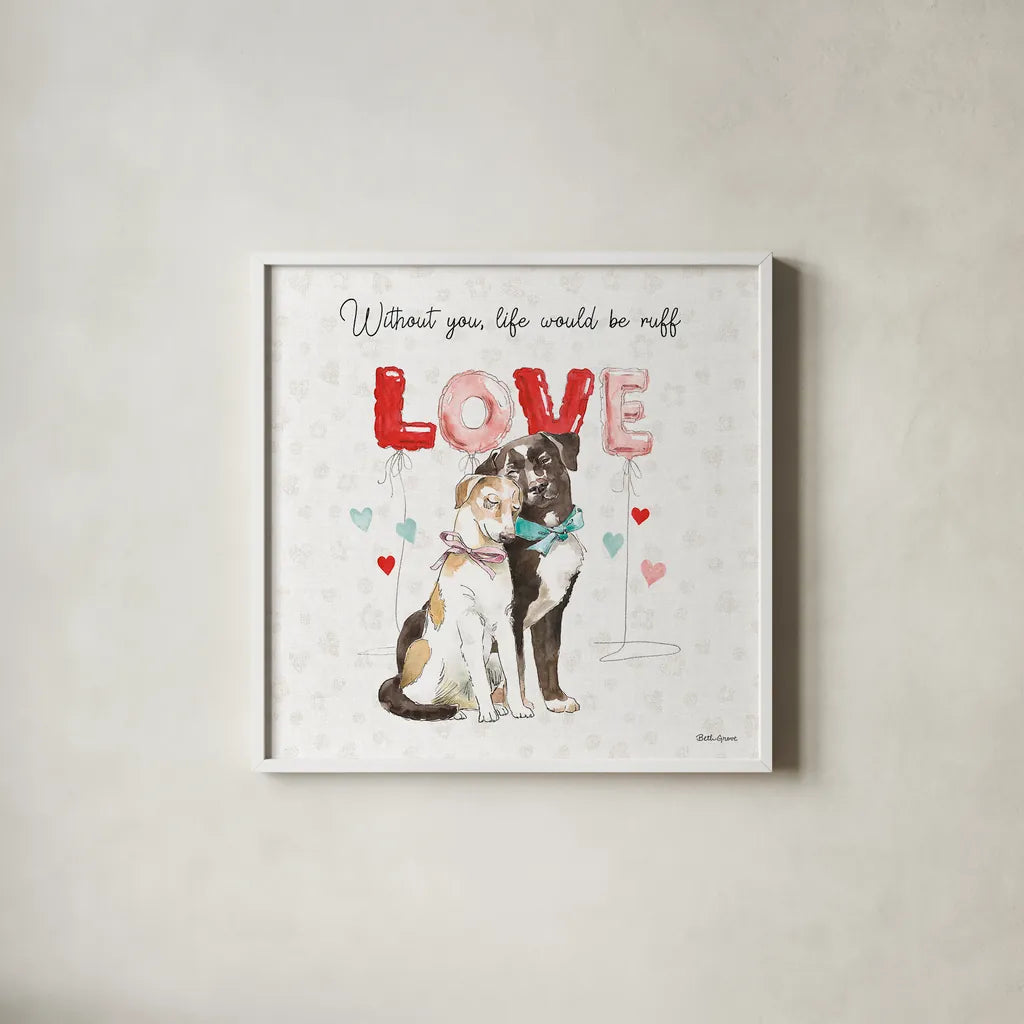 Paws of Love IV by Beth Grove. Shown in a crisp white glass frame for a clean and minimalist style. Available as an archival giclee rolled canvas, fine art paper, or poster print. SKU 53512a.