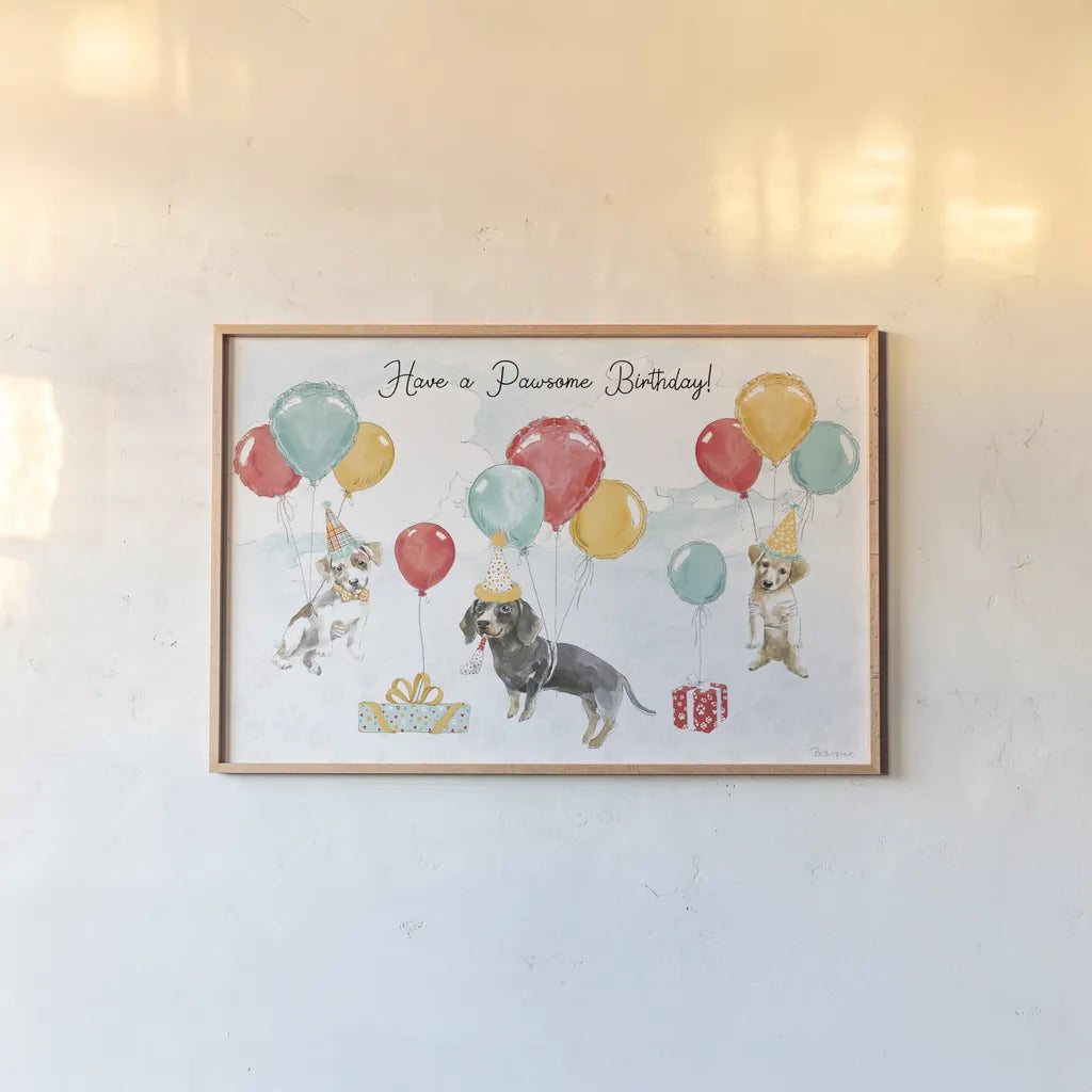 Paws of Love V Birthday by Beth Grove. shown as a paper print in a natural frame. Available as a archival giclee rolled canvas, fine art paper, or poster print. SKU 87359i.