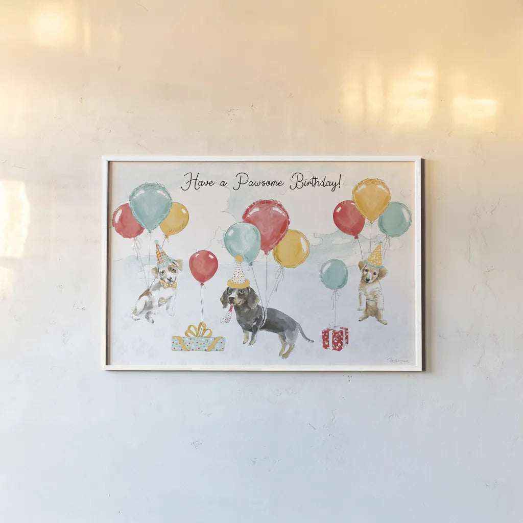 Paws of Love V Birthday by Beth Grove. shown as a paper print in a white frame. Available as a archival giclee rolled canvas, fine art paper, or poster print. SKU 87359i.