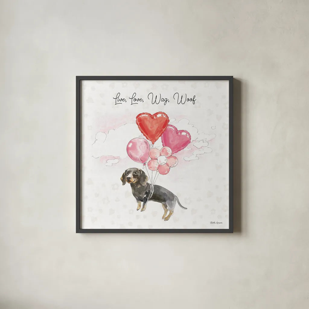 Paws of Love V Pink by Beth Grove. Shown in a sleek black glass frame for a contemporary gallery look. Available as an archival giclee rolled canvas, fine art paper, or poster print. SKU 56386a.
