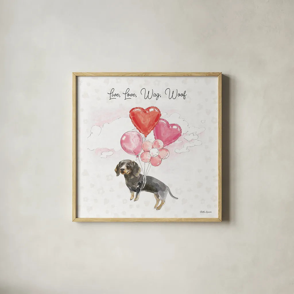 Paws of Love V Pink by Beth Grove. Shown in a natural wood glass frame for a timeless modern aesthetic. Available as an archival giclee rolled canvas, fine art paper, or poster print. SKU 56386a.