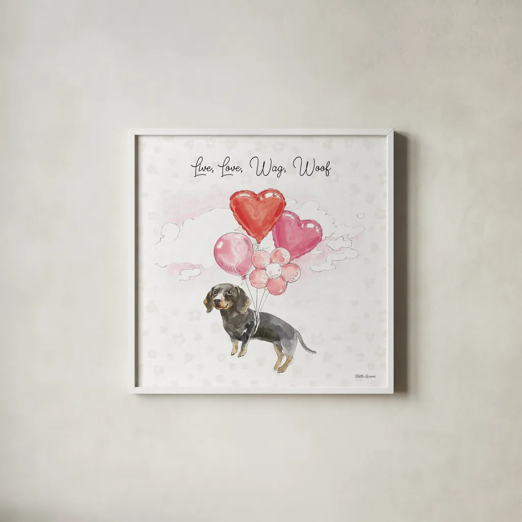 Paws of Love V Pink by Beth Grove. Shown in a crisp white glass frame for a clean and minimalist style. Available as an archival giclee rolled canvas, fine art paper, or poster print. SKU 56386a.
