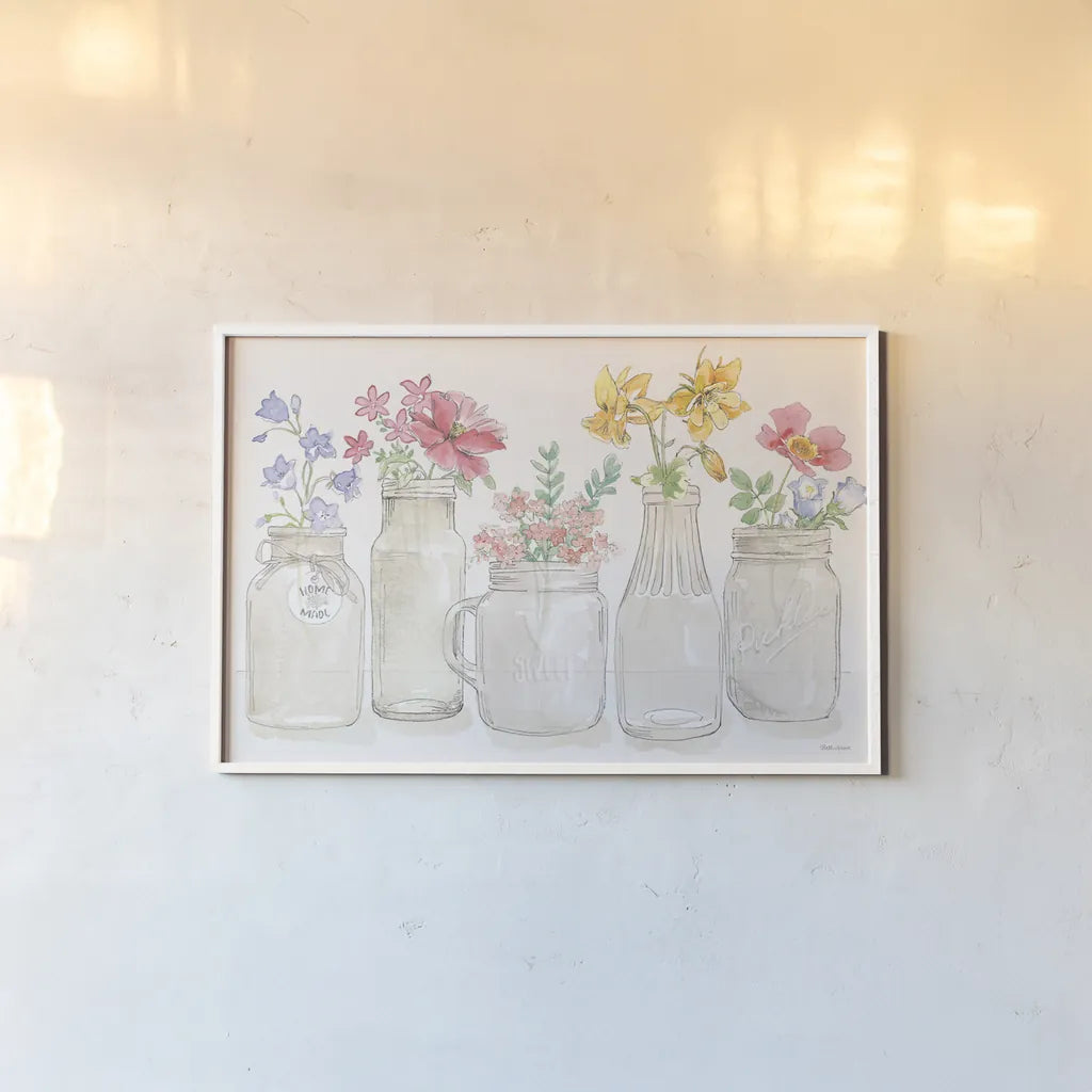 Peaceful Petals I by Beth Grove. shown as a paper print in a white frame. Available as a archival giclee rolled canvas, fine art paper, or poster print. SKU 69986i.