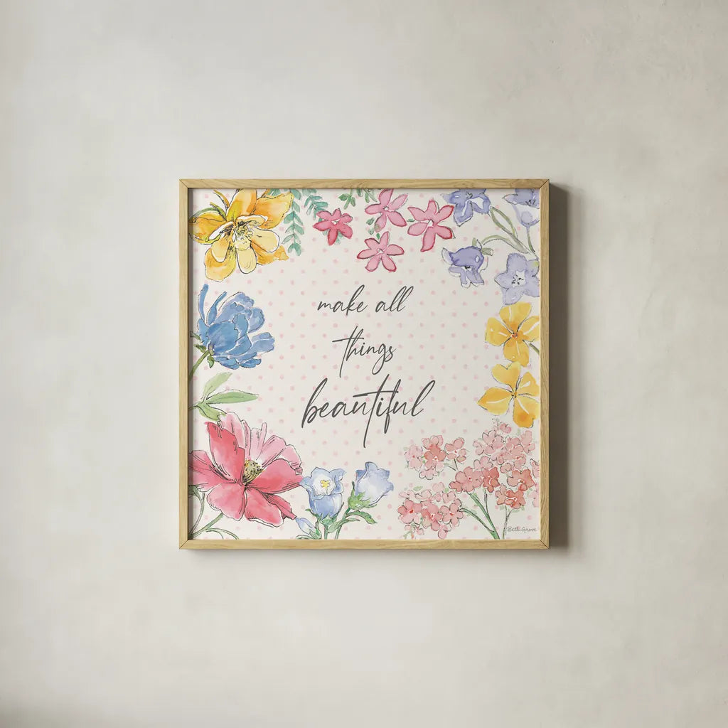 Peaceful Petals IX by Beth Grove. Shown in a natural wood glass frame for a timeless modern aesthetic. Available as an archival giclee rolled canvas, fine art paper, or poster print. SKU 69994a.