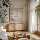 Peaceful Petals IX by Beth Grove. Shown in a natural wood frame in a cozy modern living room. Available as an archival giclee rolled canvas, fine art paper, or poster print. SKU 69994a.