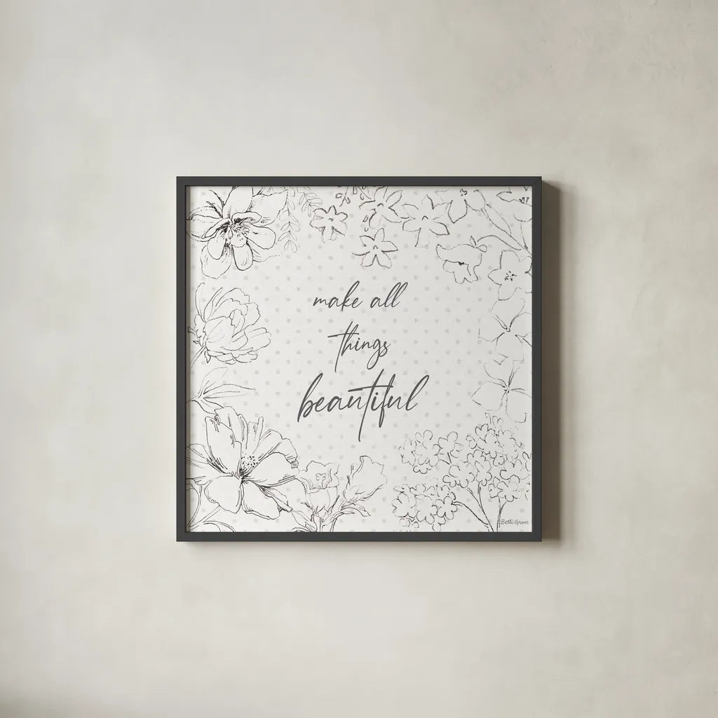 Peaceful Petals IX Neutral by Beth Grove. Shown in a sleek black glass frame for a contemporary gallery look. Available as an archival giclee rolled canvas, fine art paper, or poster print. SKU 70004a.