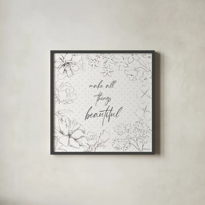 Peaceful Petals IX Neutral by Beth Grove. Shown in a sleek black glass frame for a contemporary gallery look. Available as an archival giclee rolled canvas, fine art paper, or poster print. SKU 70004a.