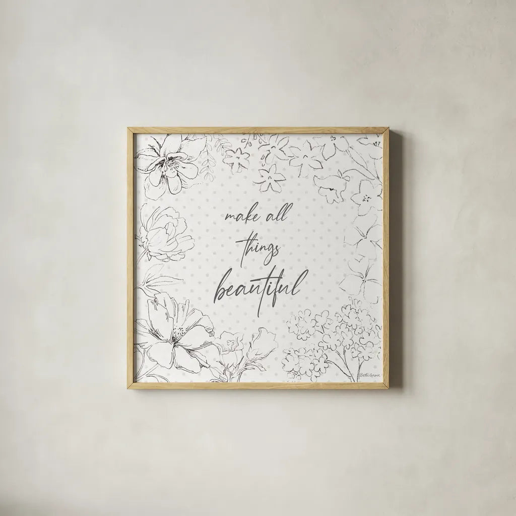 Peaceful Petals IX Neutral by Beth Grove. Shown in a natural wood glass frame for a timeless modern aesthetic. Available as an archival giclee rolled canvas, fine art paper, or poster print. SKU 70004a.