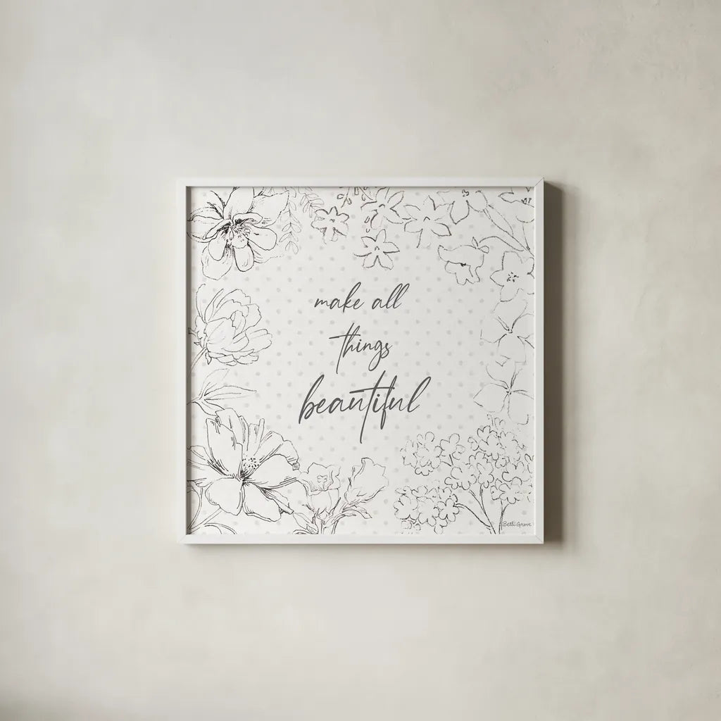 Peaceful Petals IX Neutral by Beth Grove. Shown in a crisp white glass frame for a clean and minimalist style. Available as an archival giclee rolled canvas, fine art paper, or poster print. SKU 70004a.