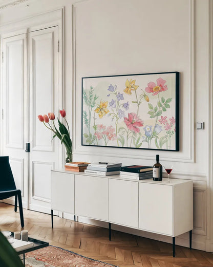 Peaceful Petals VI by Beth Grove. shown as a framed stretched canvas in a living room above a console. Available as a archival giclee rolled canvas, fine art paper, or poster print. SKU 69991i.