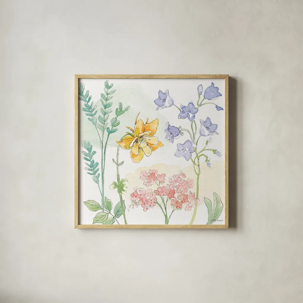 Peaceful Petals VII by Beth Grove. Shown in a natural wood glass frame for a timeless modern aesthetic. Available as an archival giclee rolled canvas, fine art paper, or poster print. SKU 69992a.