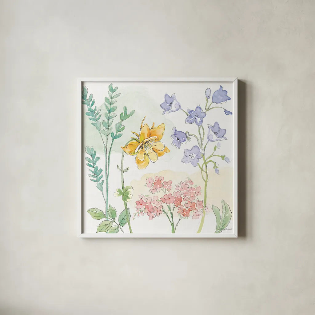 Peaceful Petals VII by Beth Grove. Shown in a crisp white glass frame for a clean and minimalist style. Available as an archival giclee rolled canvas, fine art paper, or poster print. SKU 69992a.