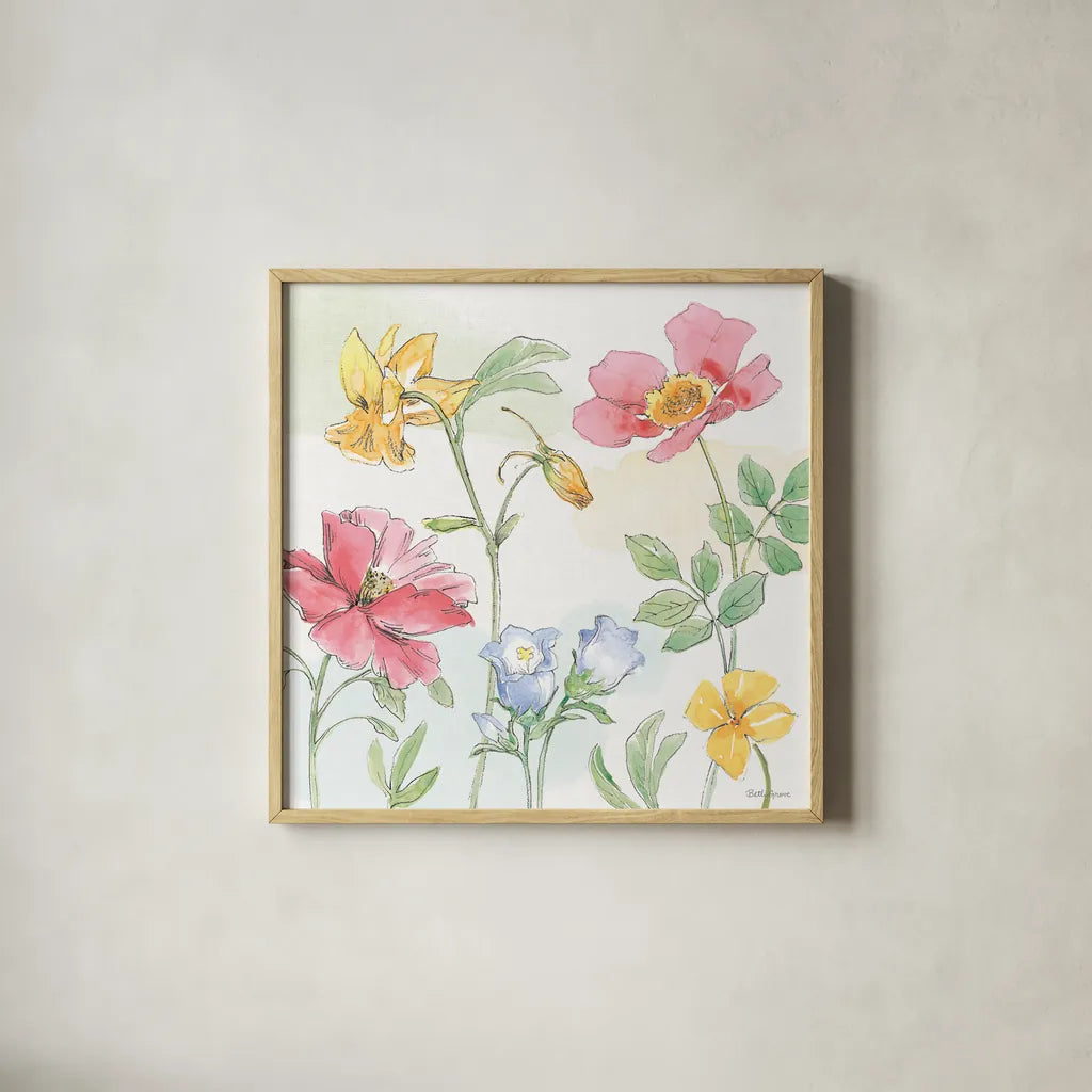 Peaceful Petals VIII by Beth Grove. Shown in a natural wood glass frame for a timeless modern aesthetic. Available as an archival giclee rolled canvas, fine art paper, or poster print. SKU 69993a.