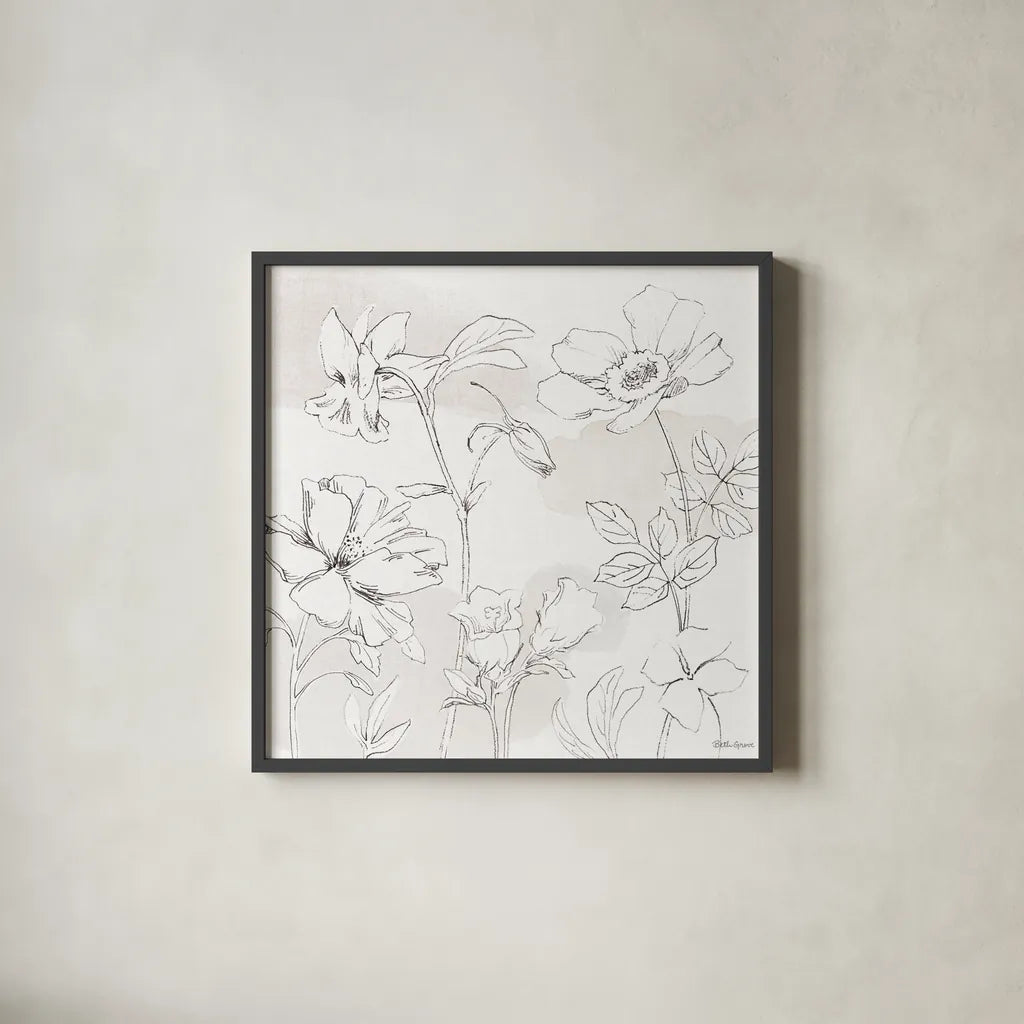 Peaceful Petals VIII Neutral by Beth Grove. Shown in a sleek black glass frame for a contemporary gallery look. Available as an archival giclee rolled canvas, fine art paper, or poster print. SKU 70003a.