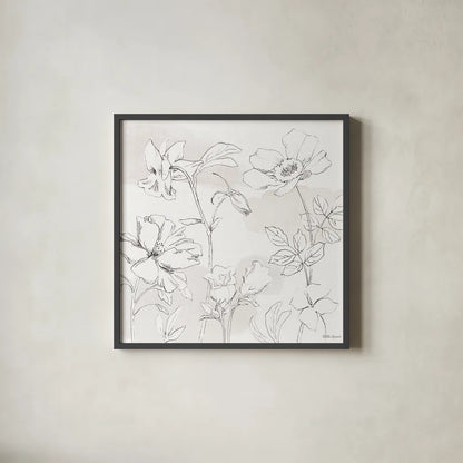 Peaceful Petals VIII Neutral by Beth Grove. Shown in a sleek black glass frame for a contemporary gallery look. Available as an archival giclee rolled canvas, fine art paper, or poster print. SKU 70003a.
