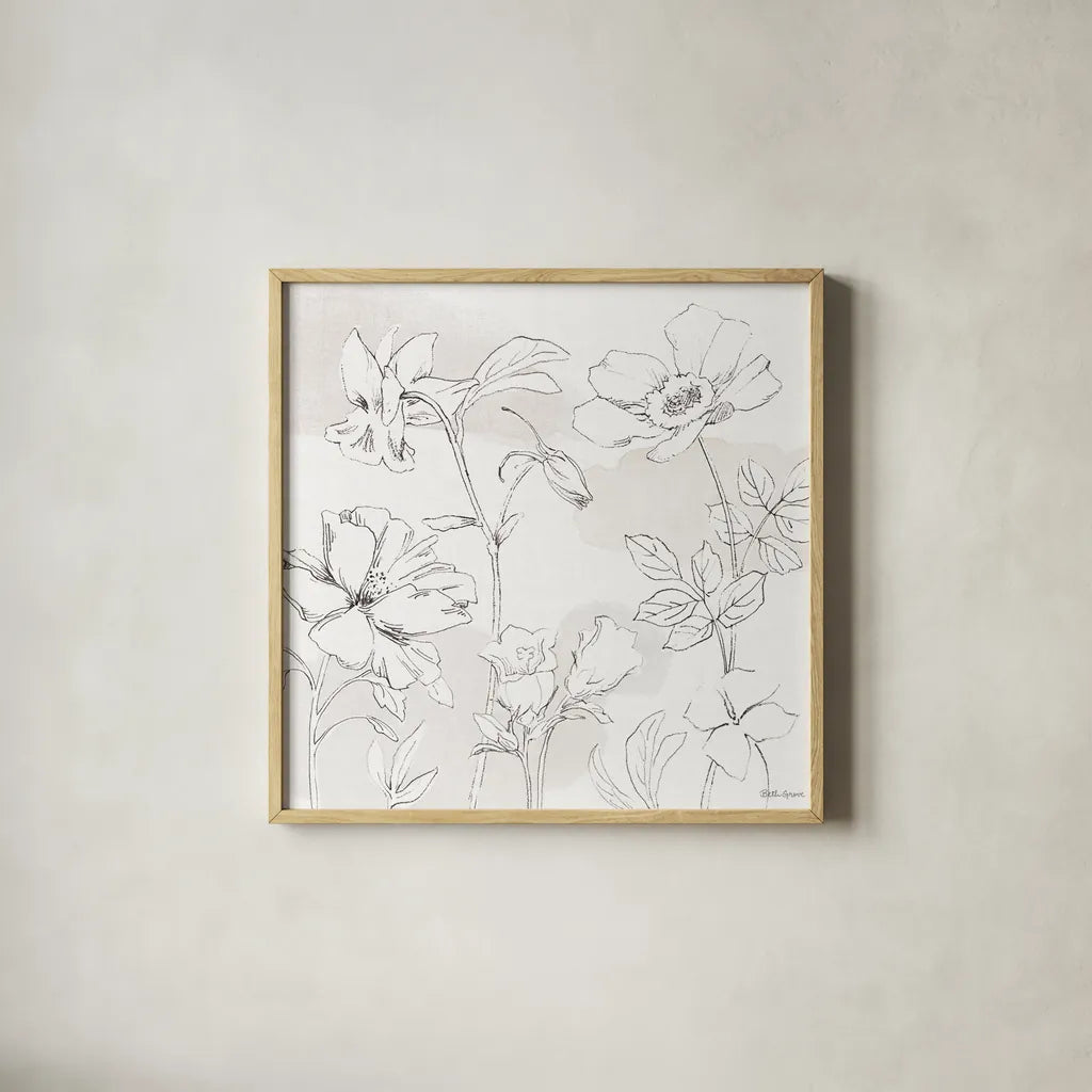 Peaceful Petals VIII Neutral by Beth Grove. Shown in a natural wood glass frame for a timeless modern aesthetic. Available as an archival giclee rolled canvas, fine art paper, or poster print. SKU 70003a.