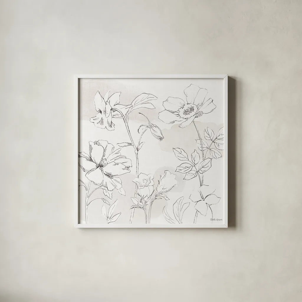 Peaceful Petals VIII Neutral by Beth Grove. Shown in a crisp white glass frame for a clean and minimalist style. Available as an archival giclee rolled canvas, fine art paper, or poster print. SKU 70003a.