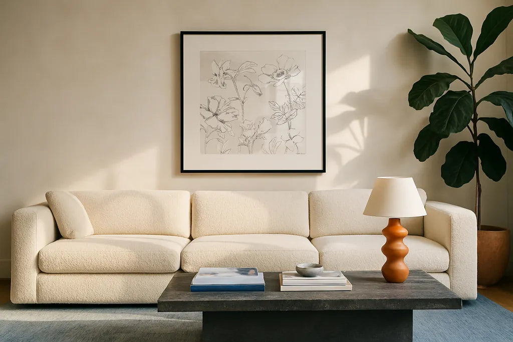 Peaceful Petals VIII Neutral by Beth Grove. Displayed in a glass frame with matte in a clean modern living room. Available as an archival giclee rolled canvas, fine art paper, or poster print. SKU 70003a.