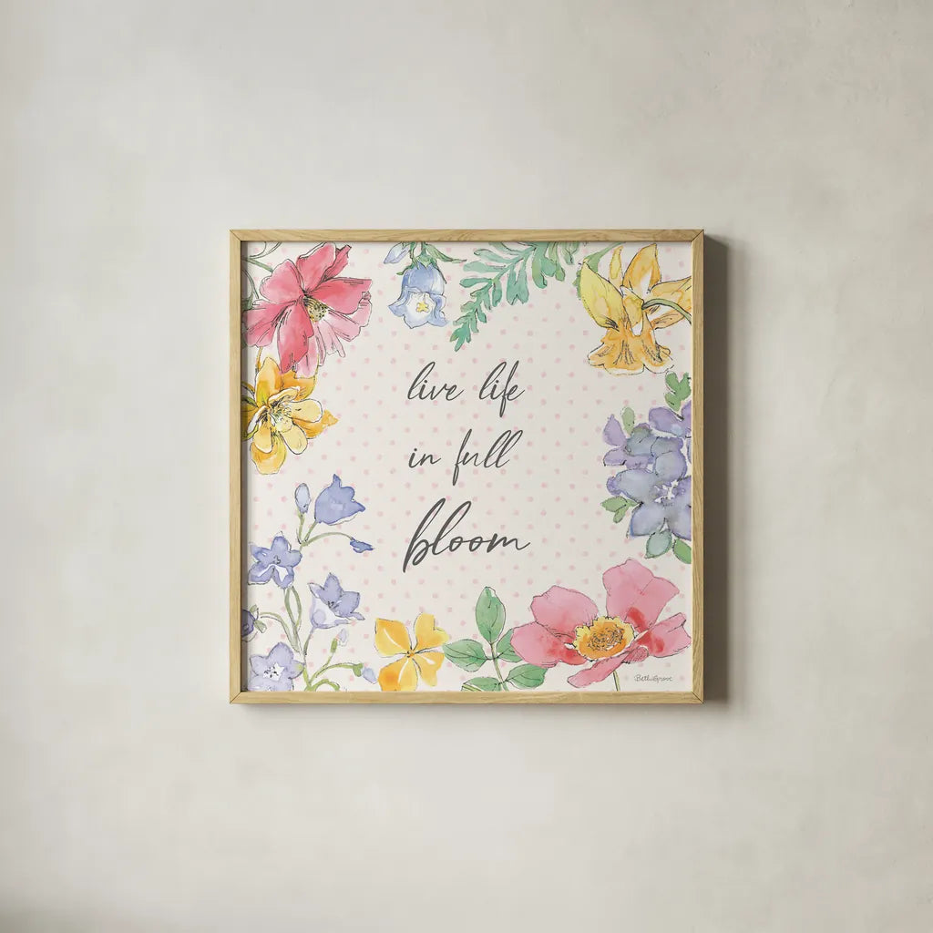 Peaceful Petals X by Beth Grove. Shown in a natural wood glass frame for a timeless modern aesthetic. Available as an archival giclee rolled canvas, fine art paper, or poster print. SKU 69995a.